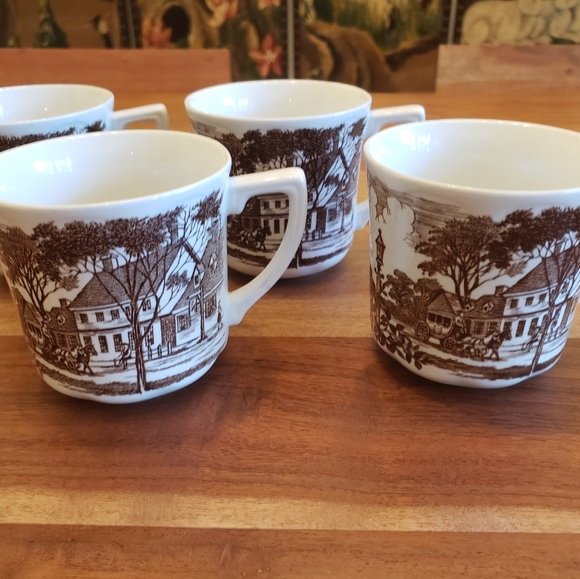 Set Of 4 Royal Staffordshire J & G Meakin Brown Transferware Cup Cattle Cottage - Picture 1 of 10